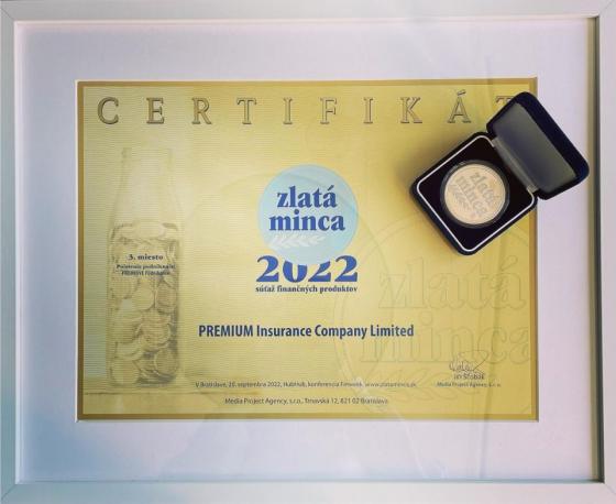 Ocenenie Zlatá minca 2022 - certifikát. Poistný produkt Premiové Podnikanie získalo 3 miesto. Neživotné poistenie podnikania